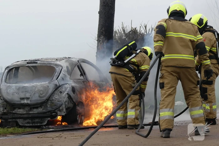 Auto vat vlam na frontale botsing tegen boom