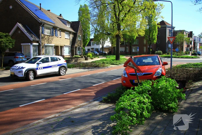 Automobilist ramt boom en verkeersbord