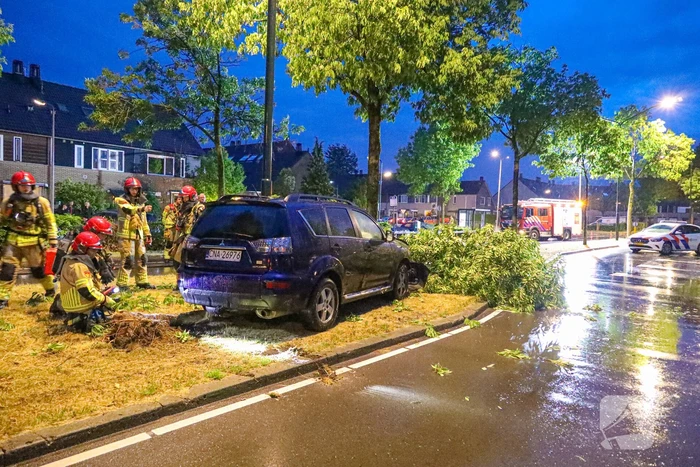 LPG-tank auto lek na botsing met boom