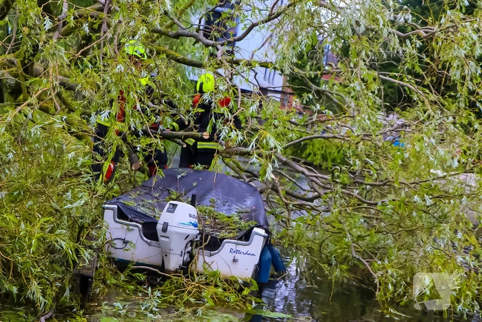 Grote boom valt om en komt terecht op boot