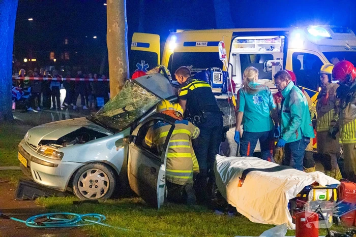 Auto zwaar beschadigd door botsing tegen boom