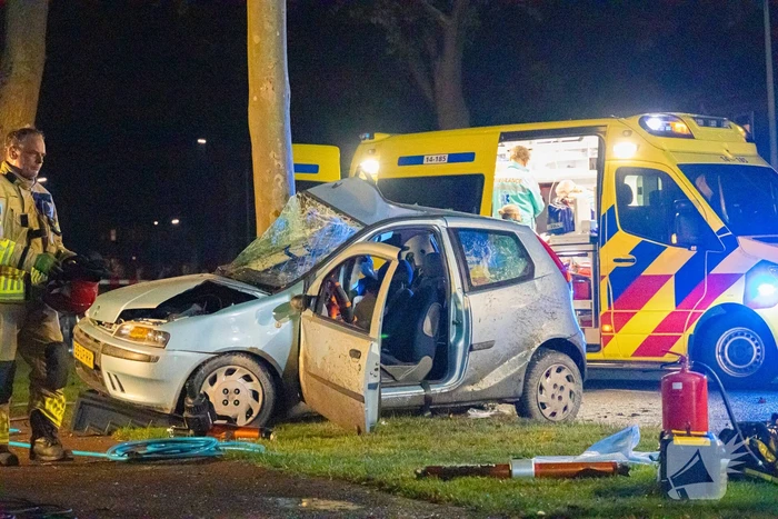 Auto zwaar beschadigd door botsing tegen boom