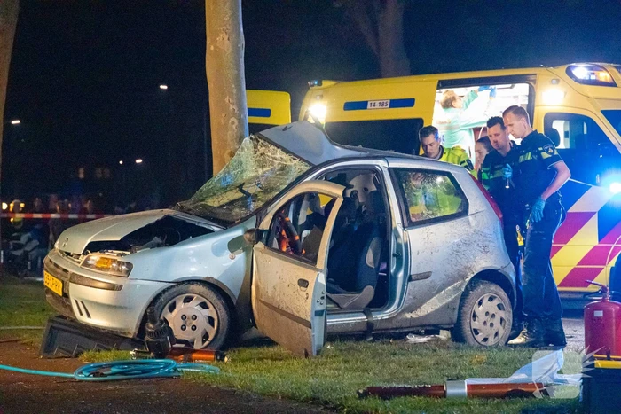 Auto zwaar beschadigd door botsing tegen boom