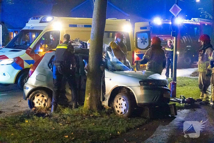 Auto zwaar beschadigd door botsing tegen boom