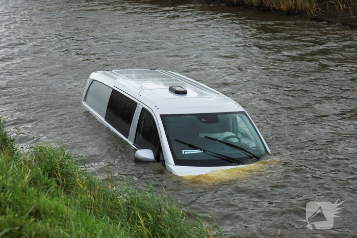 Bestelbus wijkt uit voor dier en rijdt water in