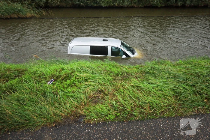 Bestelbus wijkt uit voor dier en rijdt water in