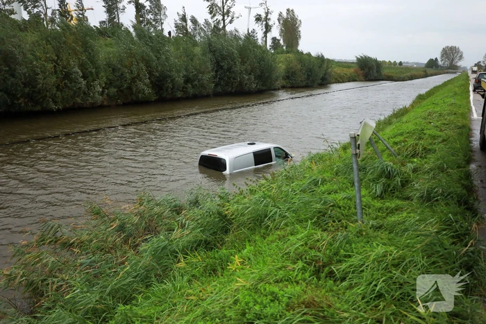 Bestelbus wijkt uit voor dier en rijdt water in