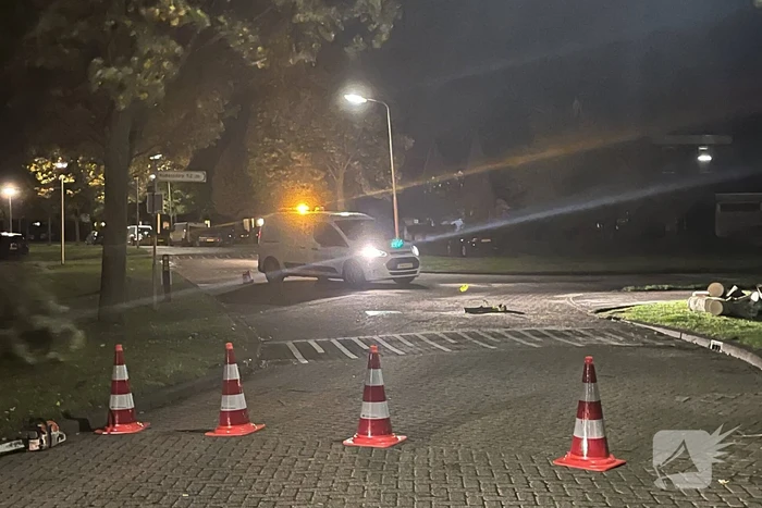 Deel van boom komt op straat terecht door harde wind