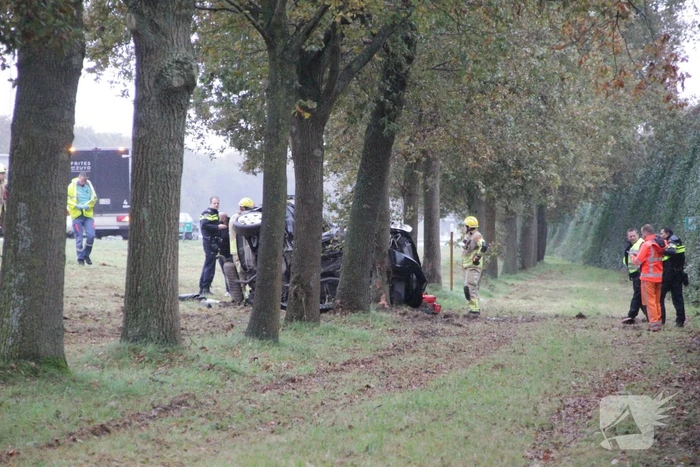 Auto zwaar beschadigd na botsing tegen boom langs snelweg