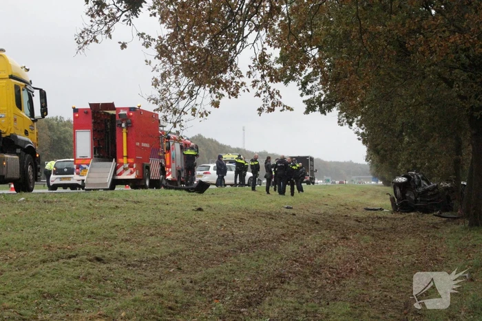 Auto zwaar beschadigd na botsing tegen boom langs snelweg