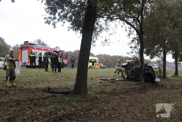 Auto zwaar beschadigd na botsing tegen boom langs snelweg