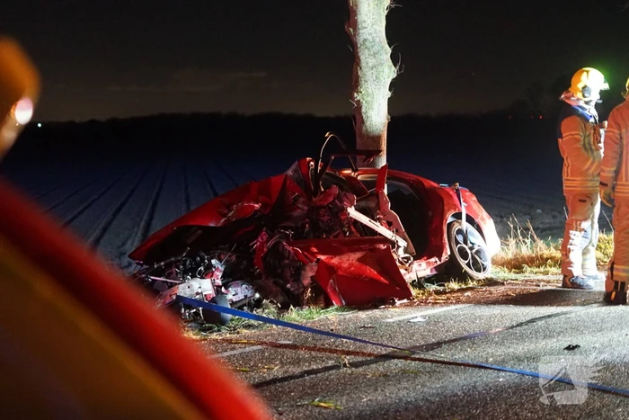 Auto zwaar beschadigd na frontale botsing tegen boom, bestuurder zwaargewond