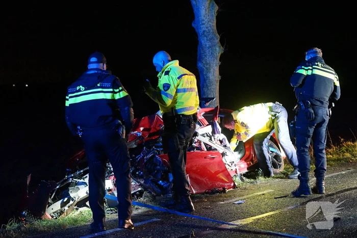 Auto zwaar beschadigd na frontale botsing tegen boom, bestuurder zwaargewond