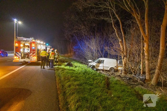 Bestelbus botst frontaal op boom naast snelweg