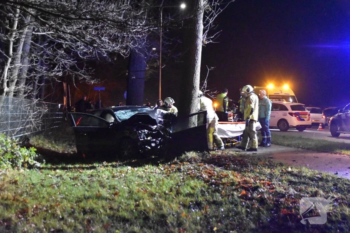 Auto klapt frontaal op boom, traumahelikopter ingezet