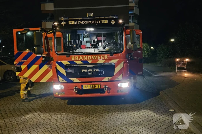 Winkelwagen met afval in brand gestoken