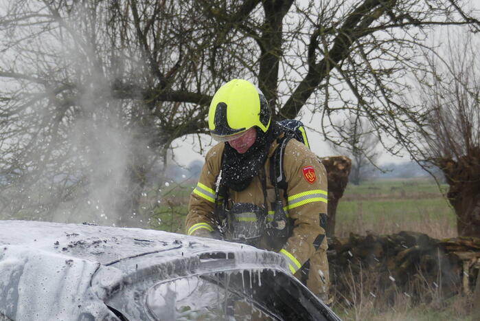 Auto vat vlam na frontale botsing tegen boom