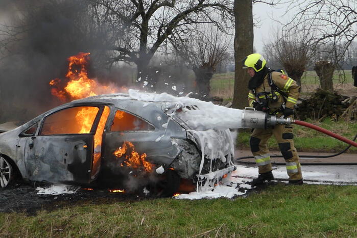 Auto vat vlam na frontale botsing tegen boom