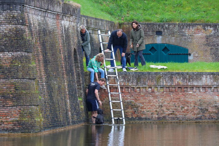 Hond valt van meters hoge vestingwal in water