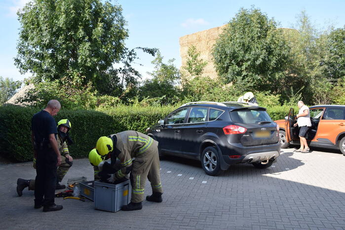 Hond per ongeluk opgesloten in warme auto, brandweer slaat raam in