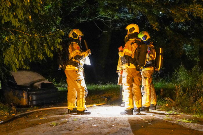 Bankstel tegen elektriciteitshuis in brand