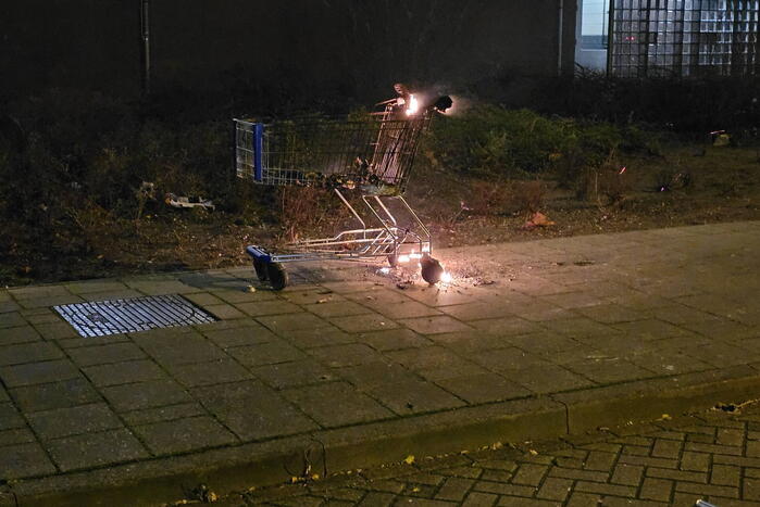 Winkelwagen met afval in brand gestoken