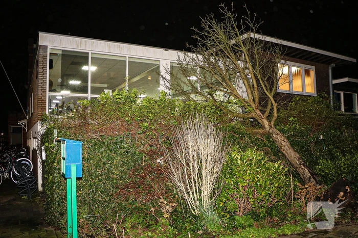 Boom valt tegen gebouw door harde wind