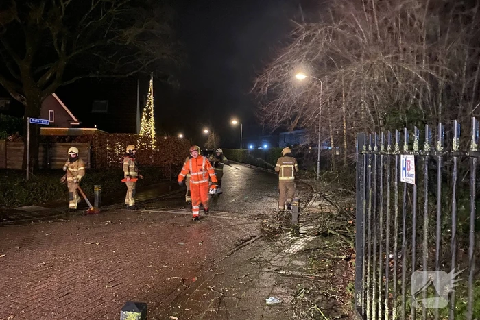 Omgevallen boom valt op hekwerk en blokkeert weg