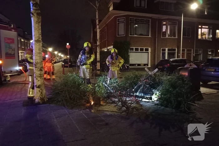 Brand in grote stapel kerstbomen