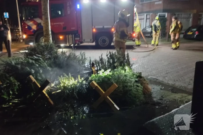 Brand in grote stapel kerstbomen