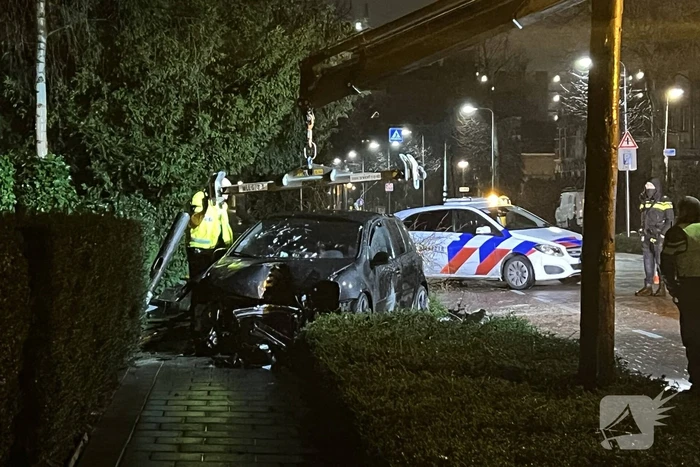 Automobilist rijdt boom en lantaarnpaal uit de grond