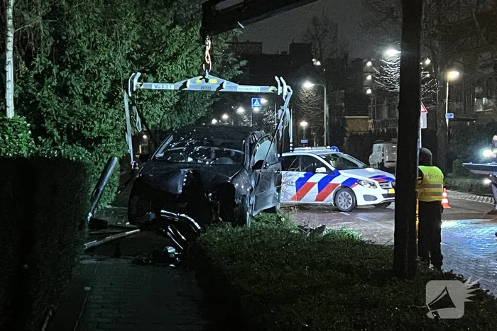 Automobilist rijdt boom en lantaarnpaal uit de grond
