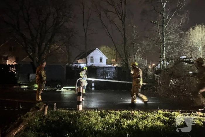 Lantaarnpaal omver door vallende boom