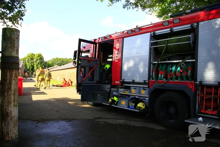 Kalf zakt door rooster, brandweer aanwezig