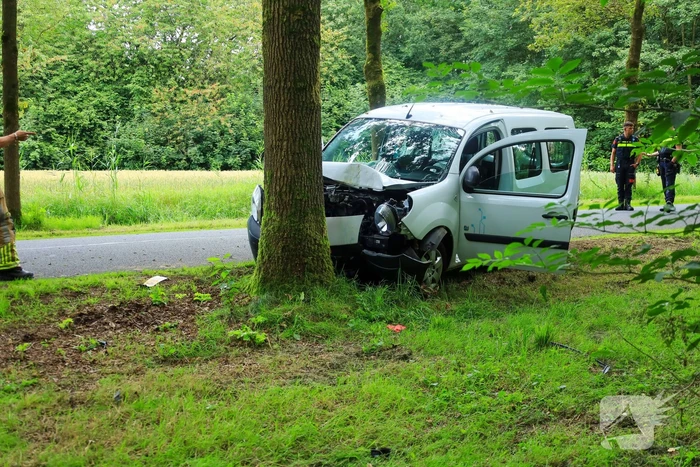 Kleine bestelbus botst tegen boom