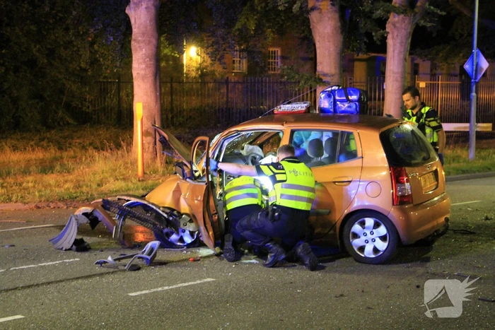 Gewonde bevrijdt na botsing tegen boom