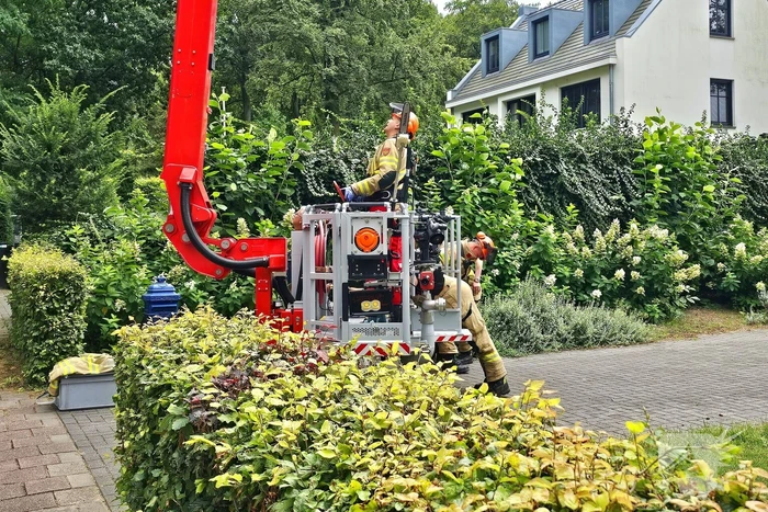 Brandweer verwijdert gevaarlijk hangende tak met hoogwerker