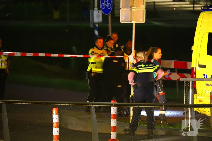 Persoon klimt op palen onder brug en word gebeten door politiehond