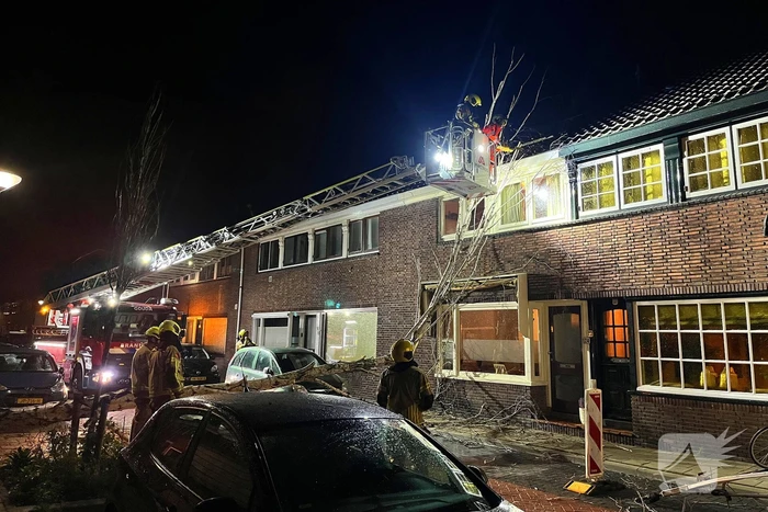 Boom valt op geparkeerde auto door sterke wind