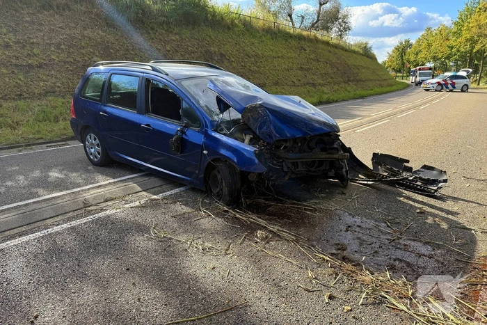 Auto krijgt klapband, bestuurder verliest macht over stuur en klapt op boom