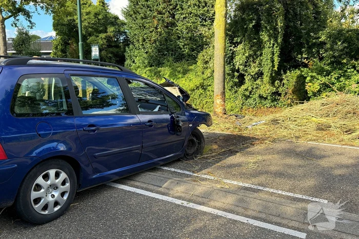 Auto krijgt klapband, bestuurder verliest macht over stuur en klapt op boom