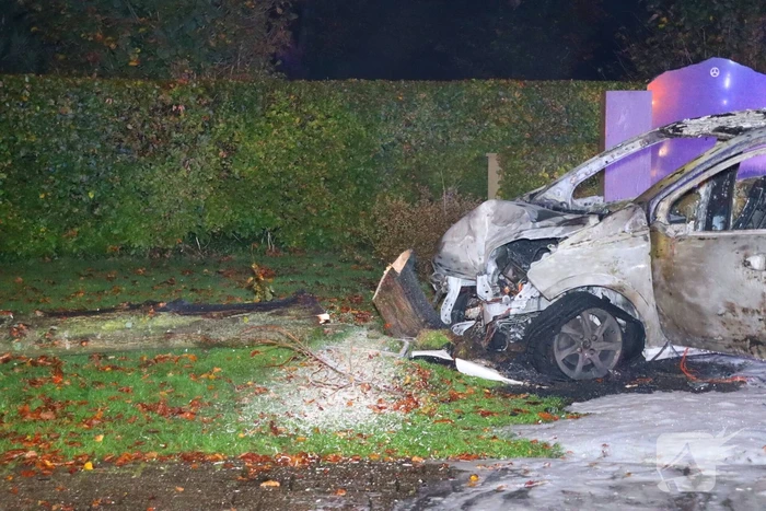 Auto uitgebrand na crash tegen boom