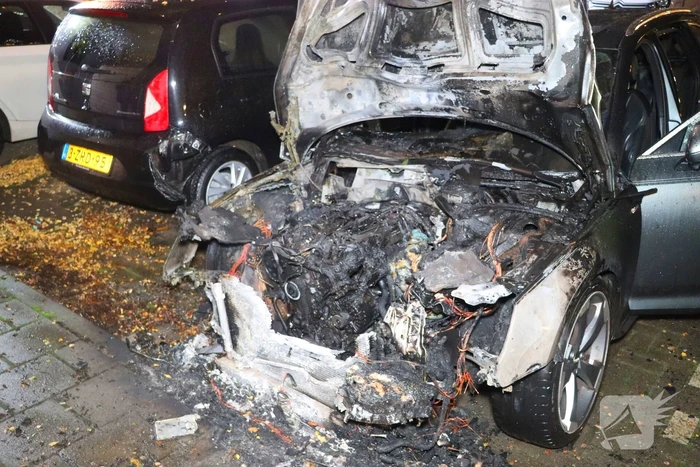 Geparkeerde personenauto totaal verwoest door brand