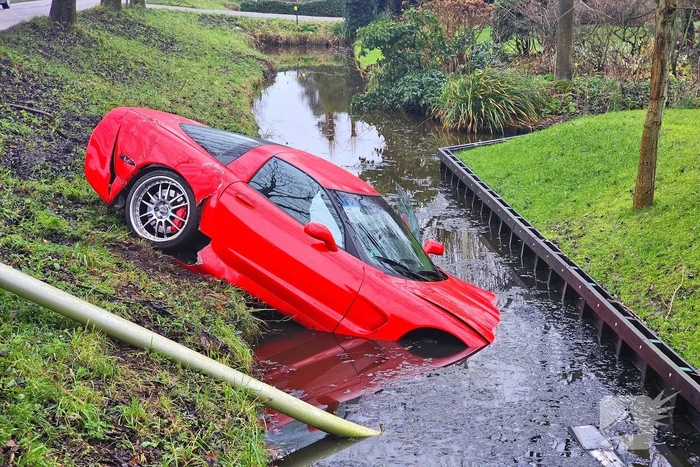 Sportwagen botst tegen boom en belandt in sloot