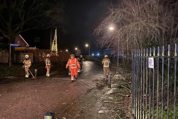 Omgevallen boom valt op hekwerk en blokkeert weg