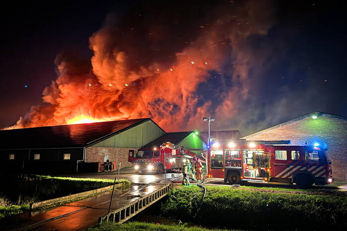 Uitslaande brand in stal, brandweer probeert dieren te redden