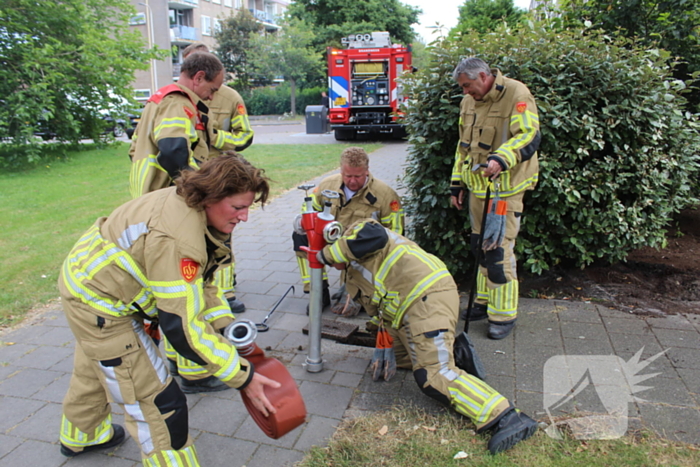 Brandweer blust buitenbrand met water uit brandkraan