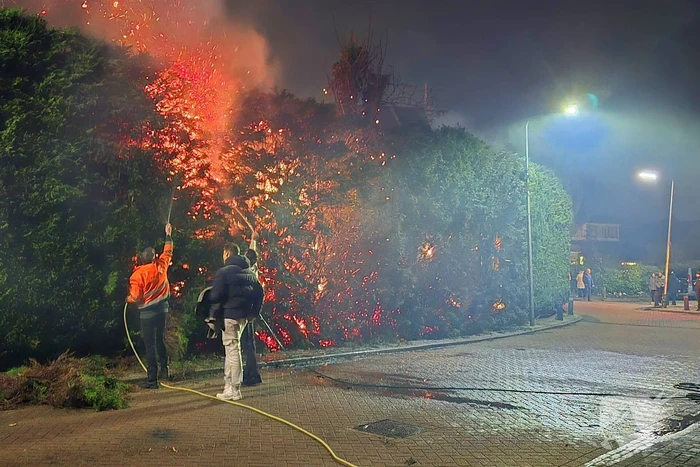 Brandende coniferen haag met tuinslangen geblust