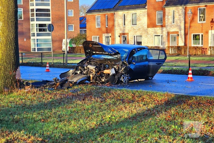 Auto loopt forse schade op na botsing met boom