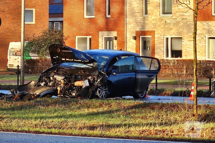 Auto loopt forse schade op na botsing met boom